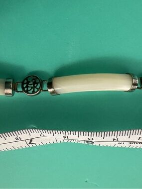 White Mother of Pearl Tube Link Bracelet with Silver Chinese Accents